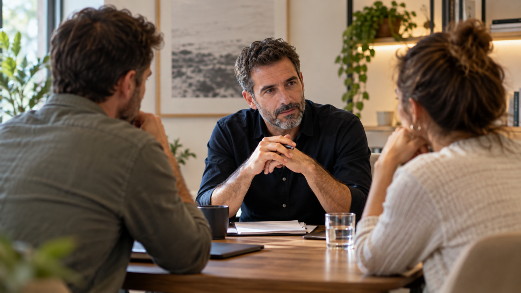 מגשר גירושין בשיחה עם בני זוג בחדר גישור
